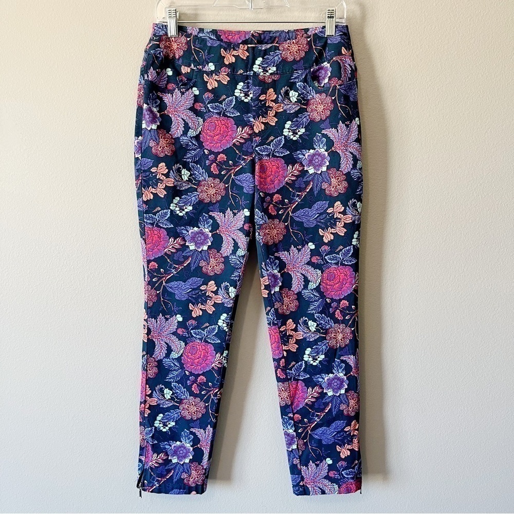 Soft Surroundings Women’s Pull-On Floral Print Pants Ankle Zip Size Small Petite